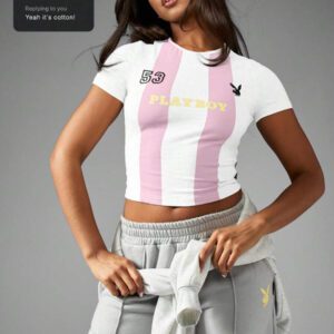 Missguided x Playboy T-shirt court de sport inspiré de l'athlétisme, avec numéro de vareuse et design rayé, top d'été ajusté, streetwear Y2K