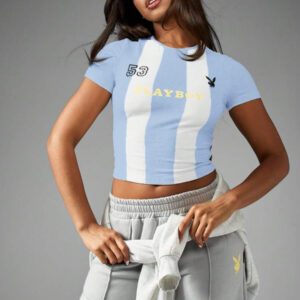 Missguided x Playboy T-shirt court de sport inspiré de l'athlétisme, avec numéro de vareuse et design rayé, top d'été ajusté, streetwear Y2K