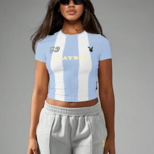 Missguided x Playboy T-shirt court de sport inspiré de l'athlétisme, avec numéro de vareuse et design rayé, top d'été ajusté, streetwear Y2K