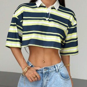 StreetHx T-shirt col polo ajusté à rayures et couleurs contrastées pour femmes, printemps/automne