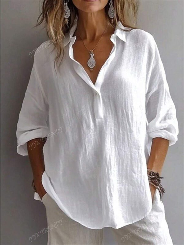Chemise pour femme de couleur unie, manches longues évêque, col chemise, hauts réguliers quotidiens, patchwork, boutons – Image 2