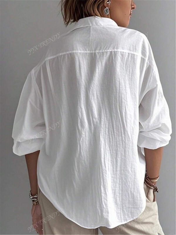 Chemise pour femme de couleur unie, manches longues évêque, col chemise, hauts réguliers quotidiens, patchwork, boutons – Image 3