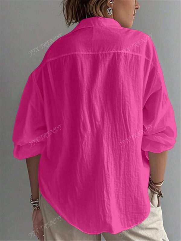 Chemise pour femme de couleur unie, manches longues évêque, col chemise, hauts réguliers quotidiens, patchwork, boutons – Image 5