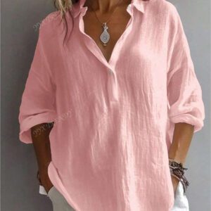 Chemise pour femme de couleur unie, manches longues évêque, col chemise, hauts réguliers quotidiens, patchwork, boutons