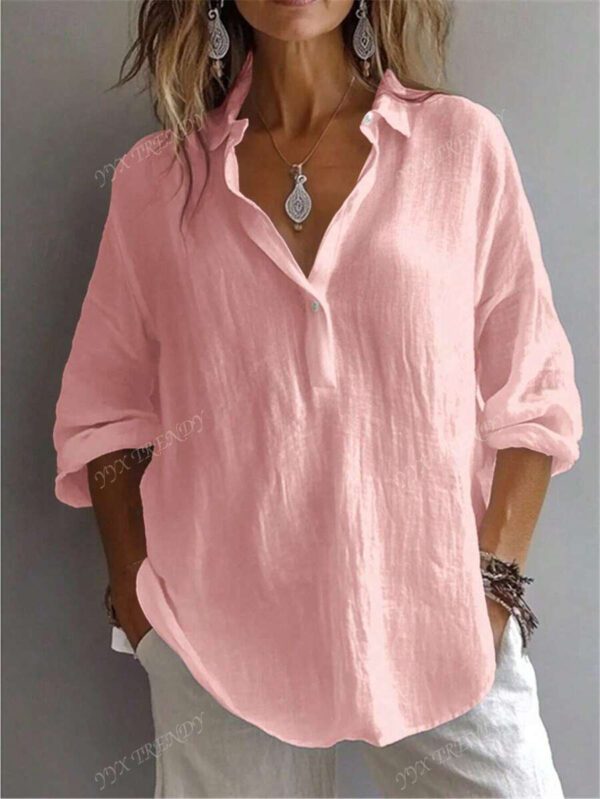 Chemise pour femme de couleur unie, manches longues évêque, col chemise, hauts réguliers quotidiens, patchwork, boutons – Image 6
