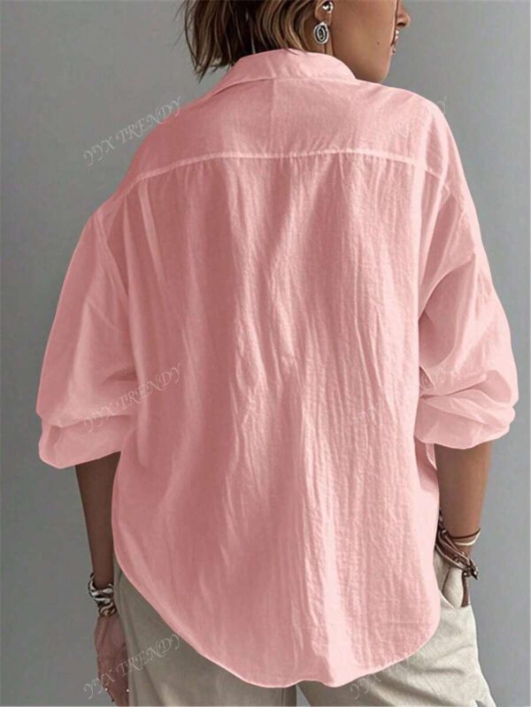 Chemise pour femme de couleur unie, manches longues évêque, col chemise, hauts réguliers quotidiens, patchwork, boutons – Image 7