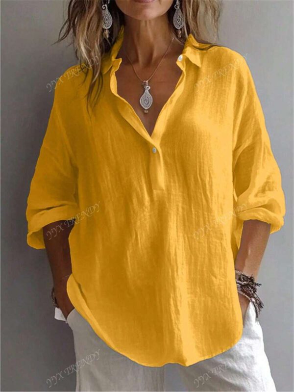 Chemise pour femme de couleur unie, manches longues évêque, col chemise, hauts réguliers quotidiens, patchwork, boutons – Image 8