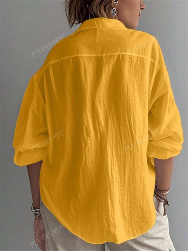 Chemise pour femme de couleur unie, manches longues évêque, col chemise, hauts réguliers quotidiens, patchwork, boutons – Image 9