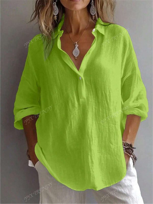 Chemise pour femme de couleur unie, manches longues évêque, col chemise, hauts réguliers quotidiens, patchwork, boutons – Image 10
