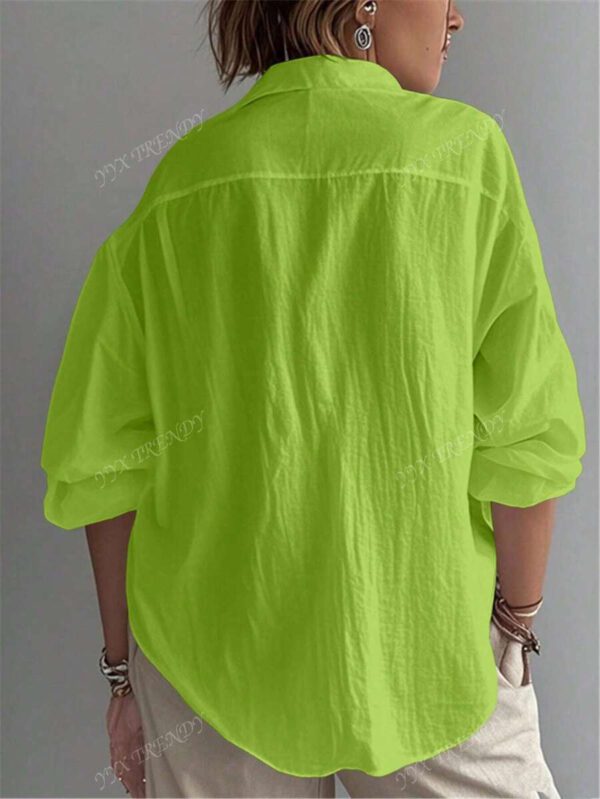 Chemise pour femme de couleur unie, manches longues évêque, col chemise, hauts réguliers quotidiens, patchwork, boutons – Image 11
