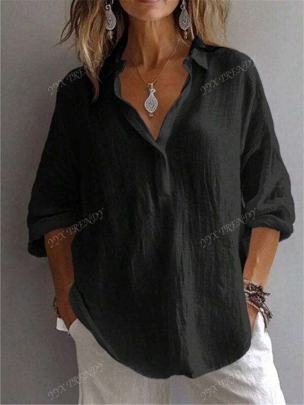 Chemise pour femme de couleur unie, manches longues évêque, col chemise, hauts réguliers quotidiens, patchwork, boutons – Image 12