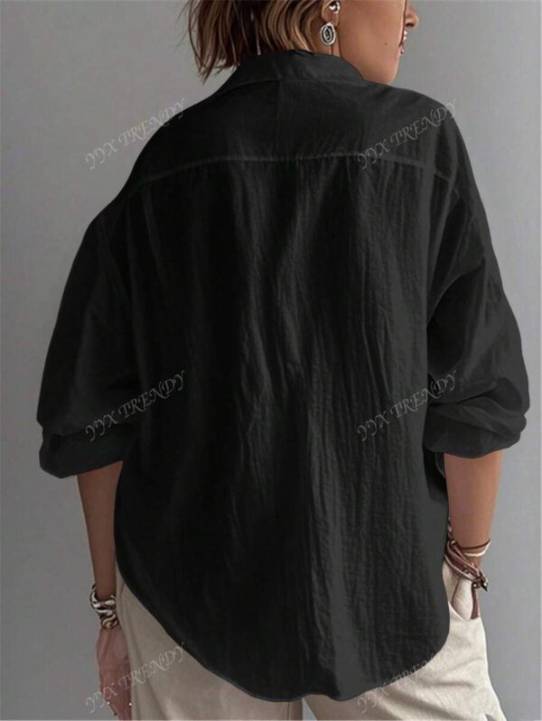Chemise pour femme de couleur unie, manches longues évêque, col chemise, hauts réguliers quotidiens, patchwork, boutons – Image 13