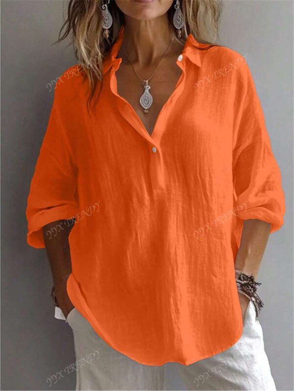 Chemise pour femme de couleur unie, manches longues évêque, col chemise, hauts réguliers quotidiens, patchwork, boutons – Image 14