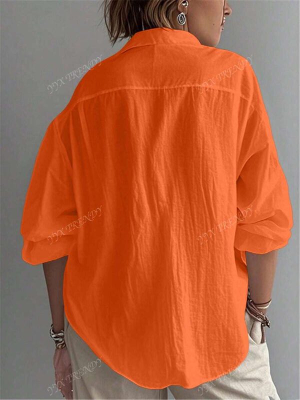 Chemise pour femme de couleur unie, manches longues évêque, col chemise, hauts réguliers quotidiens, patchwork, boutons – Image 15