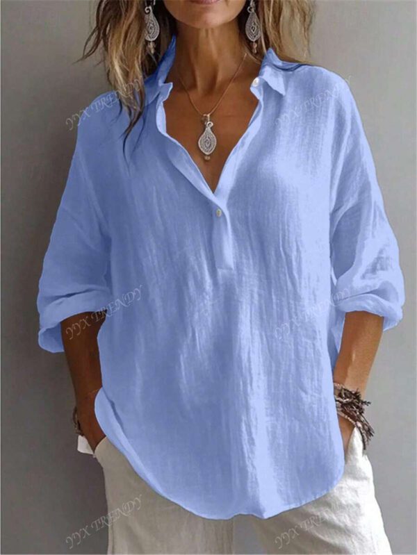 Chemise pour femme de couleur unie, manches longues évêque, col chemise, hauts réguliers quotidiens, patchwork, boutons – Image 16