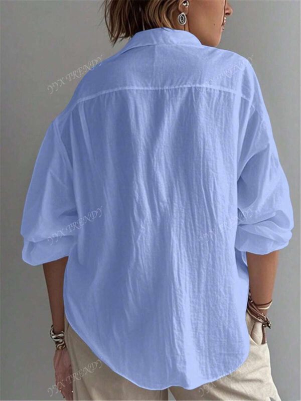 Chemise pour femme de couleur unie, manches longues évêque, col chemise, hauts réguliers quotidiens, patchwork, boutons – Image 17