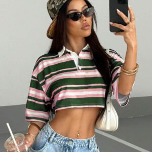 StreetHx T-shirt col polo ajusté à rayures et couleurs contrastées pour femmes, printemps/automne
