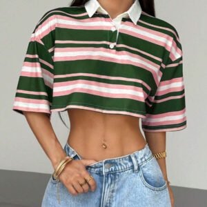 StreetHx T-shirt col polo ajusté à rayures et couleurs contrastées pour femmes, printemps/automne