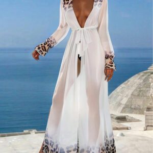 Kimono imprimé léopard pour femmes, tenues de printemps et d'été pour vacances et plage, avec ceinture transparente et dégradé