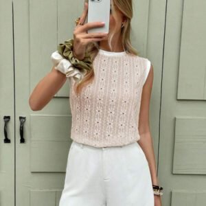 SHEIN Frenchy T-shirt sans manches pour femmes avec empiècement contrastant en jacquard