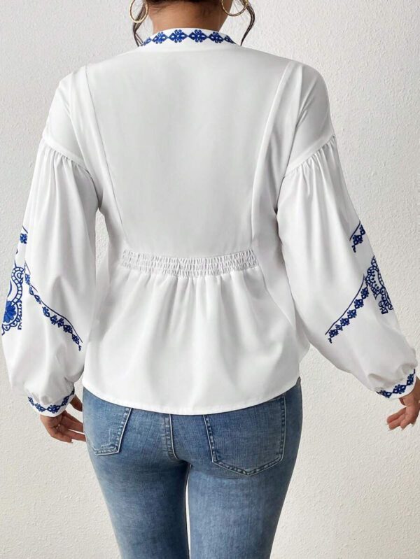 SHEIN LUNE Chemise à manches longues boutonné avec Top peplum à imprimé graphique plissé pour femmes – Image 3
