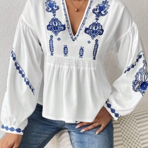 SHEIN LUNE Chemise à manches longues boutonné avec Top peplum à imprimé graphique plissé pour femmes