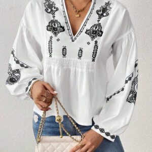 SHEIN LUNE Chemise à manches longues boutonné avec Top peplum à imprimé graphique plissé pour femmes