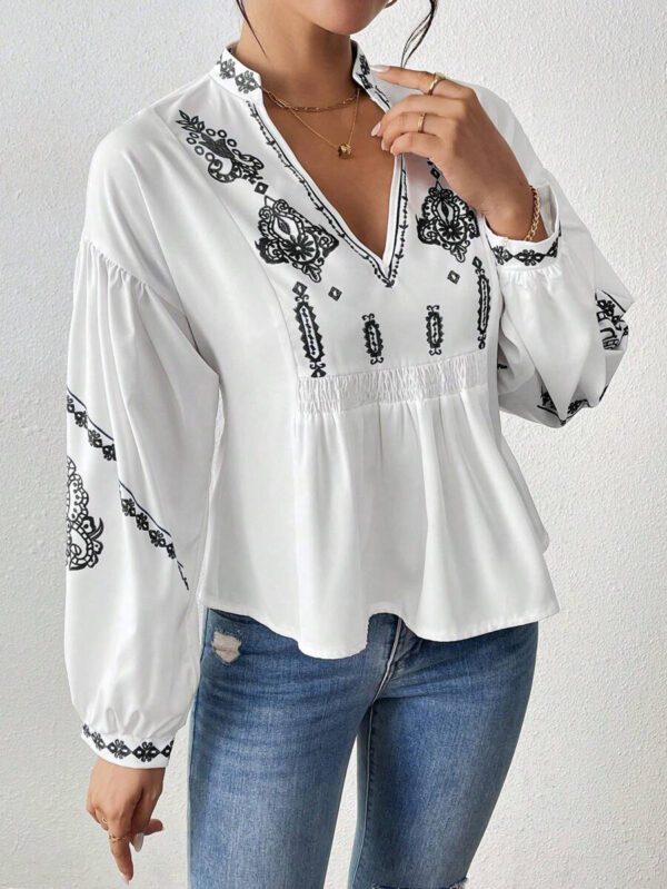 SHEIN LUNE Chemise à manches longues boutonné avec Top peplum à imprimé graphique plissé pour femmes – Image 11