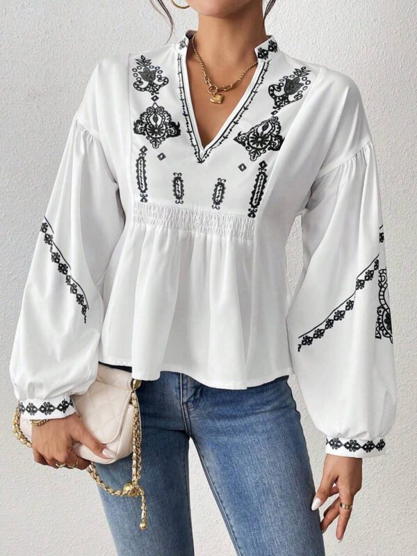 SHEIN LUNE Chemise à manches longues boutonné avec Top peplum à imprimé graphique plissé pour femmes – Image 13