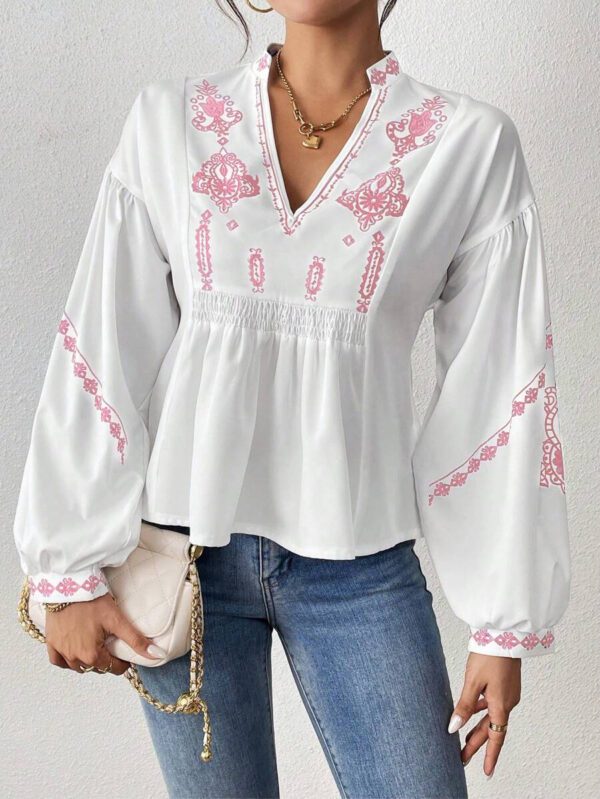 SHEIN LUNE Chemise à manches longues boutonné avec Top peplum à imprimé graphique plissé pour femmes – Image 18