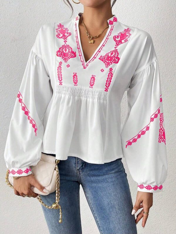 SHEIN LUNE Chemise à manches longues boutonné avec Top peplum à imprimé graphique plissé pour femmes – Image 22