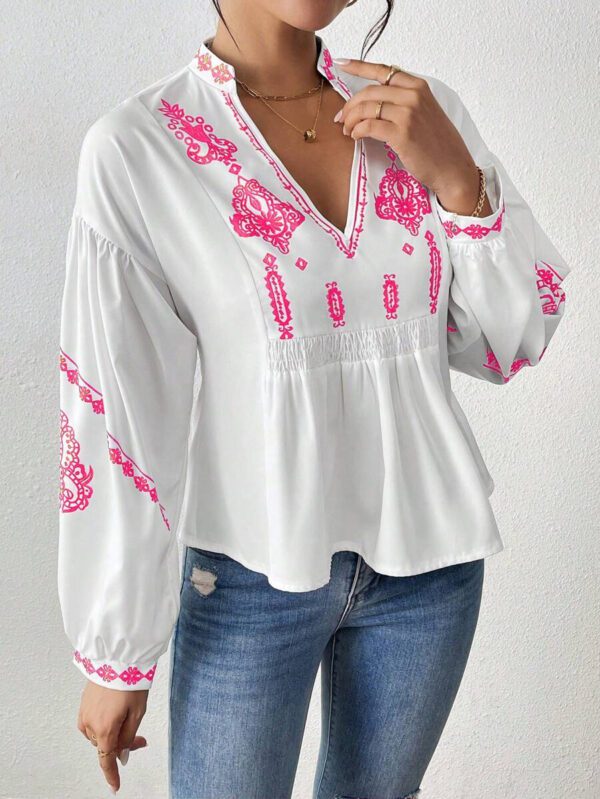 SHEIN LUNE Chemise à manches longues boutonné avec Top peplum à imprimé graphique plissé pour femmes – Image 23