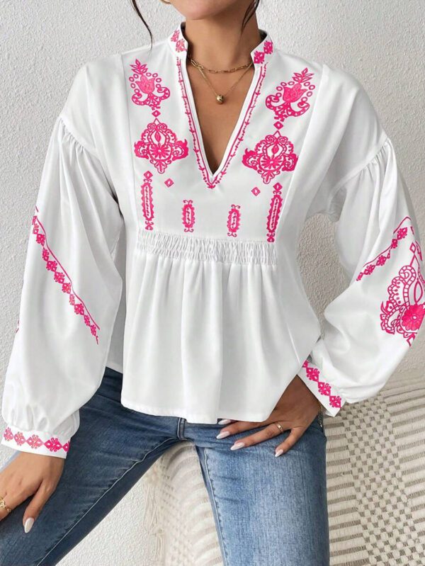 SHEIN LUNE Chemise à manches longues boutonné avec Top peplum à imprimé graphique plissé pour femmes – Image 25