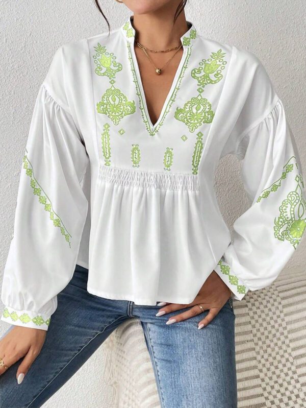 SHEIN LUNE Chemise à manches longues boutonné avec Top peplum à imprimé graphique plissé pour femmes – Image 35