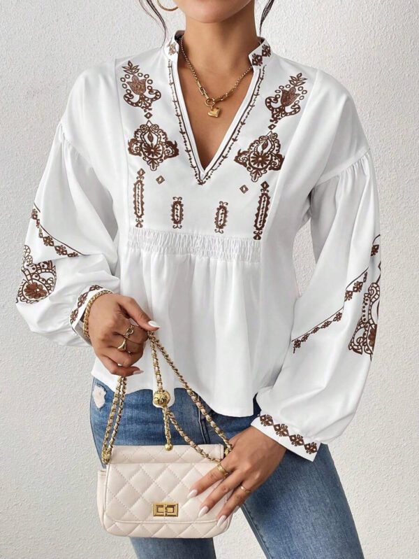 SHEIN LUNE Chemise à manches longues boutonné avec Top peplum à imprimé graphique plissé pour femmes – Image 38