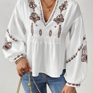 SHEIN LUNE Chemise à manches longues boutonné avec Top peplum à imprimé graphique plissé pour femmes