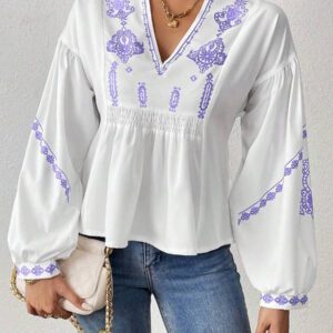 SHEIN LUNE Chemise à manches longues boutonné avec Top peplum à imprimé graphique plissé pour femmes