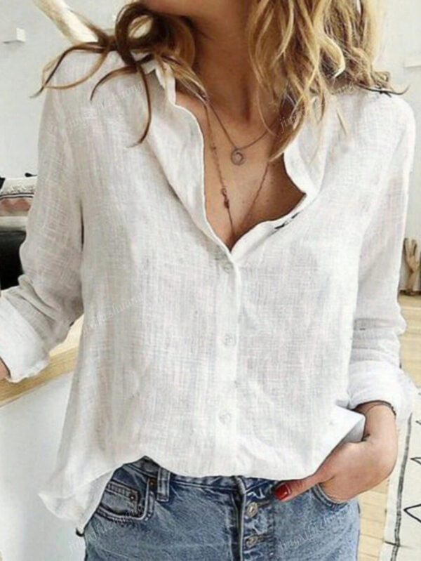 Chemise décorée de boutons unicolore, chemise col chemisier à manches longues élégante – Image 2