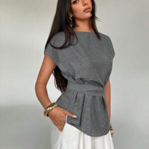 Aloruh Top casual à manches chauve-souris type lin, été
