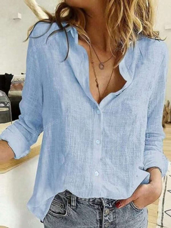 Chemise décorée de boutons unicolore, chemise col chemisier à manches longues élégante – Image 11