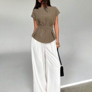 Aloruh Top casual à manches chauve-souris type lin, été