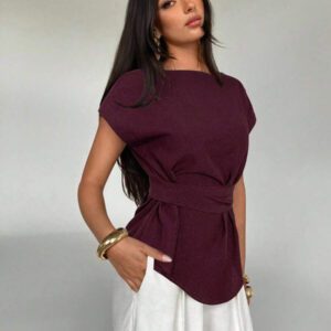 Aloruh Top casual à manches chauve-souris type lin, été