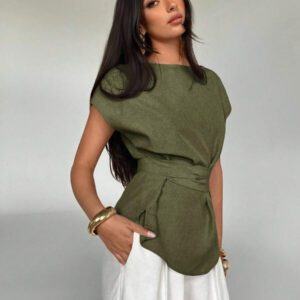 Aloruh Top casual à manches chauve-souris type lin, été
