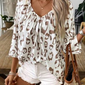 SHEIN LUNE Blouse bohème de style à encolure en V, manches 3/4, froncée, pour femmes. Printemps/été