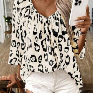 SHEIN LUNE Blouse bohème de style à encolure en V, manches 3/4, froncée, pour femmes. Printemps/été