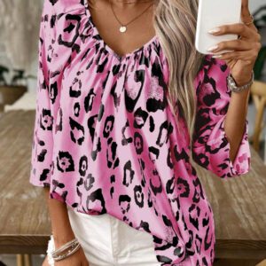 SHEIN LUNE Blouse bohème de style à encolure en V, manches 3/4, froncée, pour femmes. Printemps/été