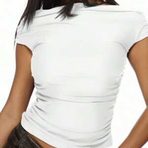 MISSGUIDED Top moulant à épaules dénudées froncées, tenue de soirée décontractée et de club, manches courtes, ajustement serré, stretch, blouse mode de base essentielle