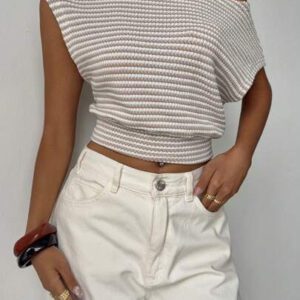 Nouveau top asymétrique à épaule rayée à ourlet asymétrique, décontracté et polyvalent, design mettant en valeur la silhouette en abricot