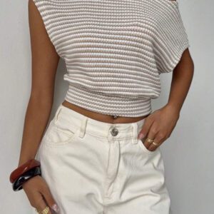 Nouveau top asymétrique à épaule rayée à ourlet asymétrique, décontracté et polyvalent, design mettant en valeur la silhouette en abricot