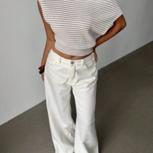 Nouveau top asymétrique à épaule rayée à ourlet asymétrique, décontracté et polyvalent, design mettant en valeur la silhouette en abricot